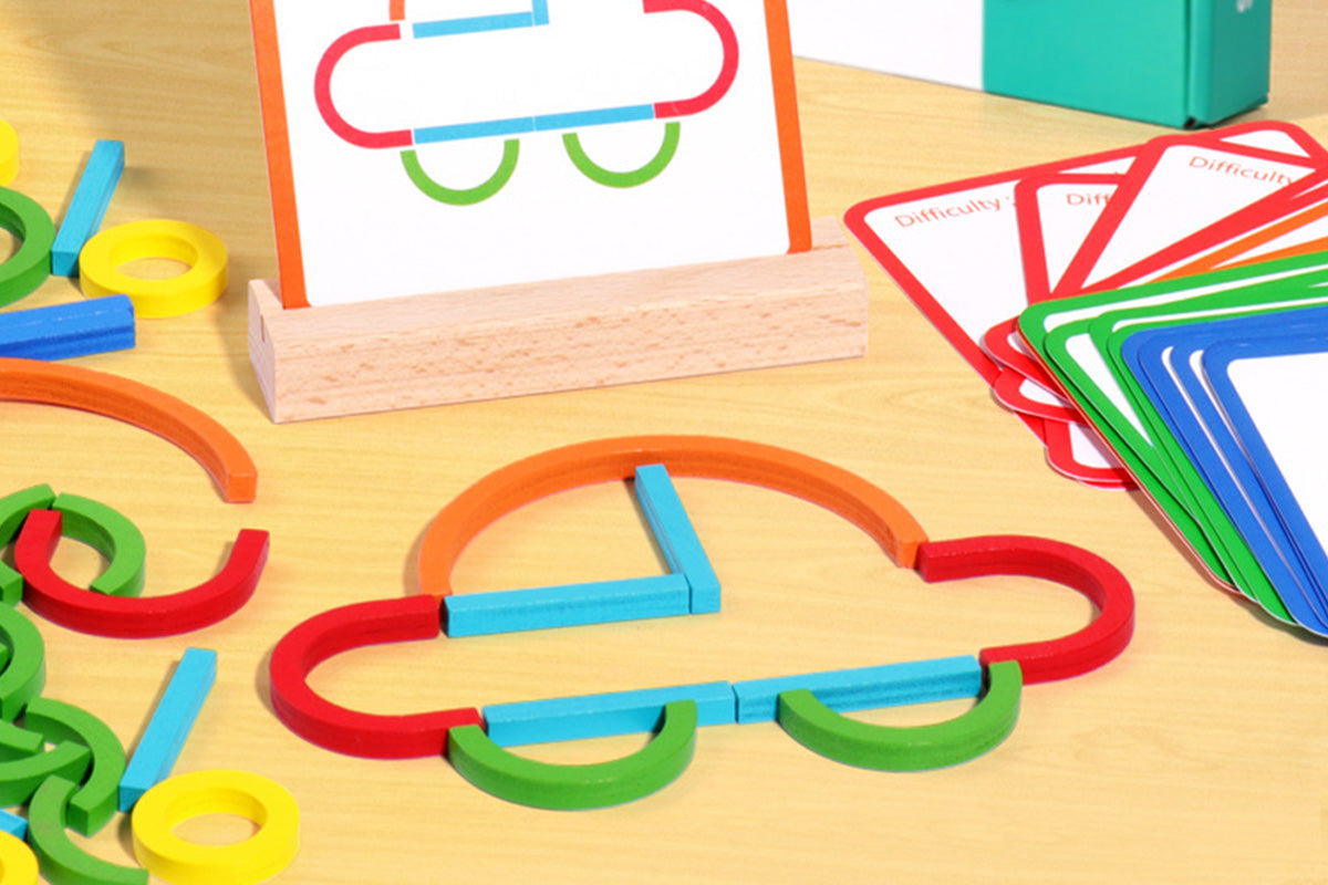 142Pcs Wooden Pattern Blocks Set with Sticks and Rings Brain Teaser Toys