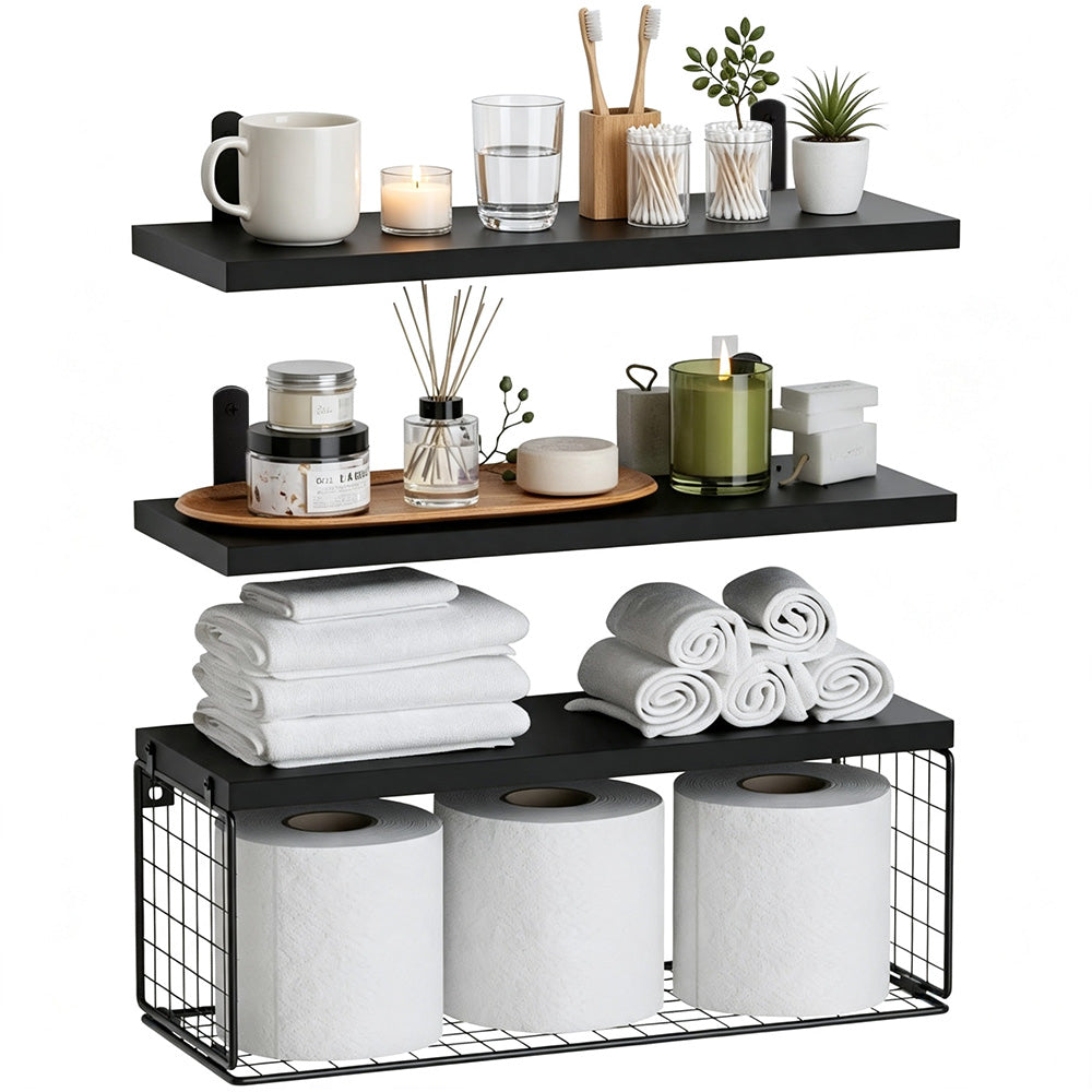 3 Piece Engineered Wood Wall Shelves with Metal Storage Basket