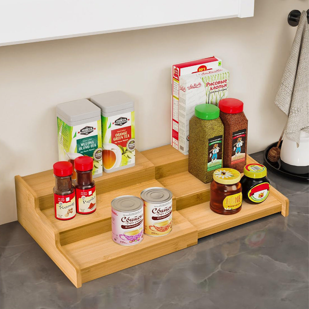 3-Tier Expandable Bamboo Spice Rack Organizer Adjustable Kitchen Cabinet Storage