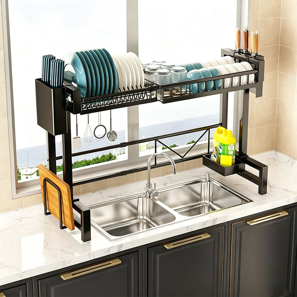 Over The Sink Dish Drying Rack Adjustable Large Capacity Stainless Steel Drainer with Cutlery Utensil Holders