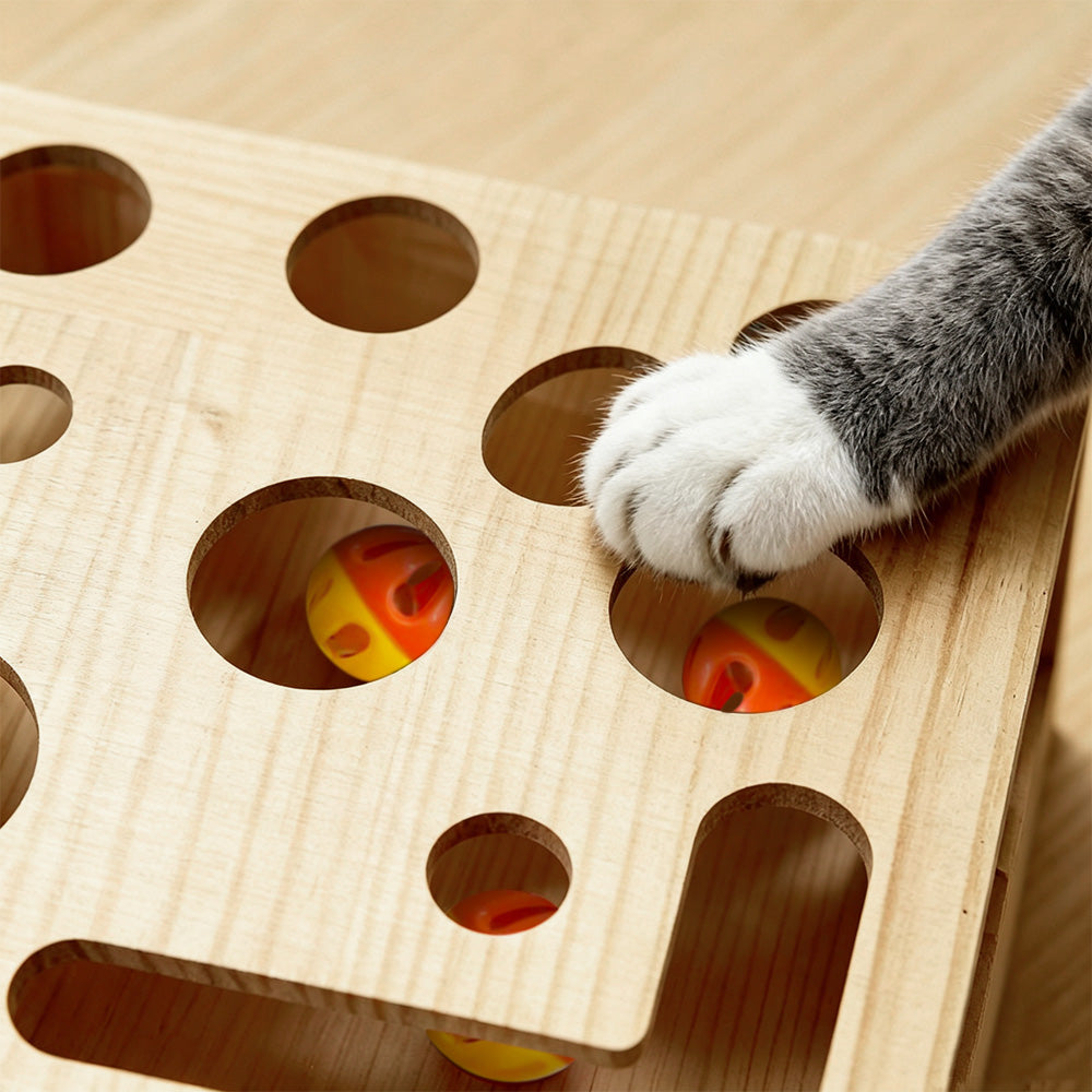 Cat Puzzle Toy Box Wooden Interactive Scratch Maze Toy with Bell Balls for Cats