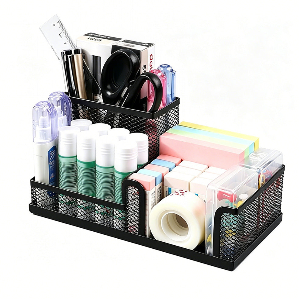 3 Compartment Mesh Pen Holder Desk Organizer Metal Office Supply Storage for Home School