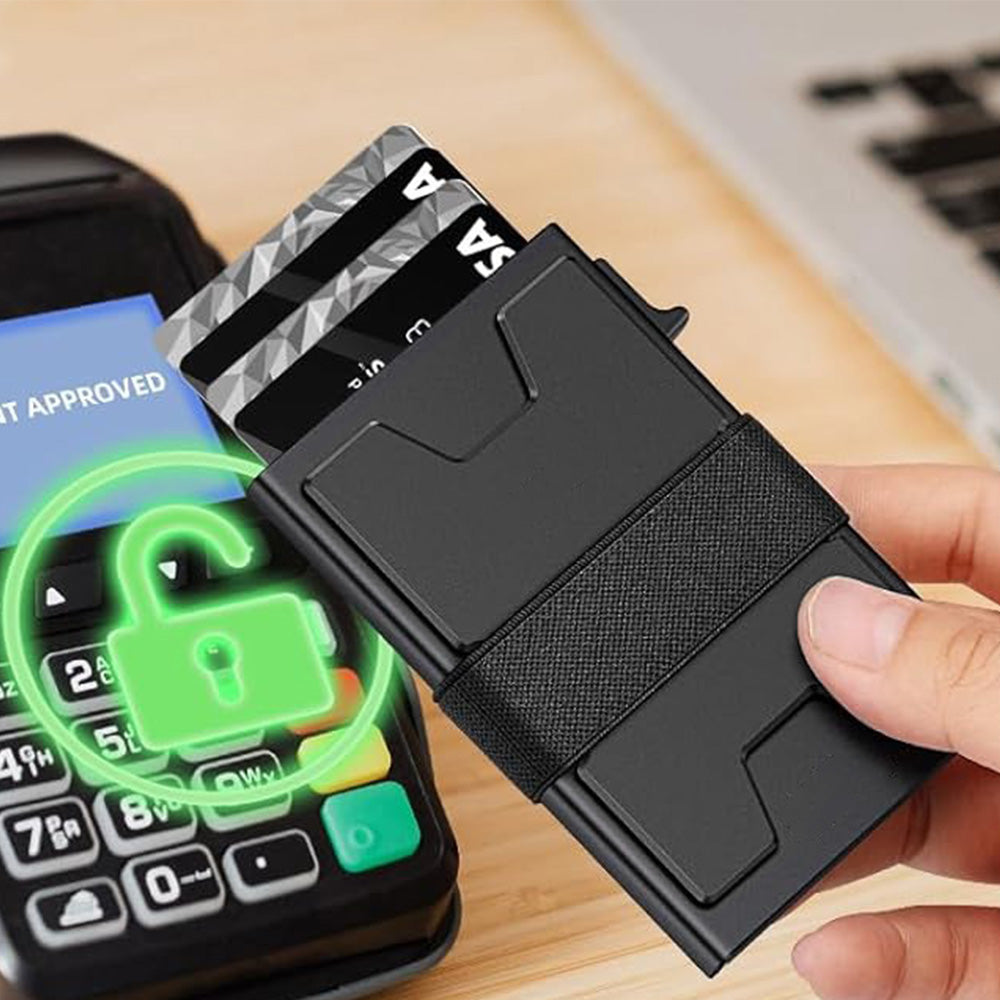 RFID Blocking Slim Aluminum Card Holder Wallet with Durable Expandable Backplate and Holds 12 Plus Cards Plus Cash