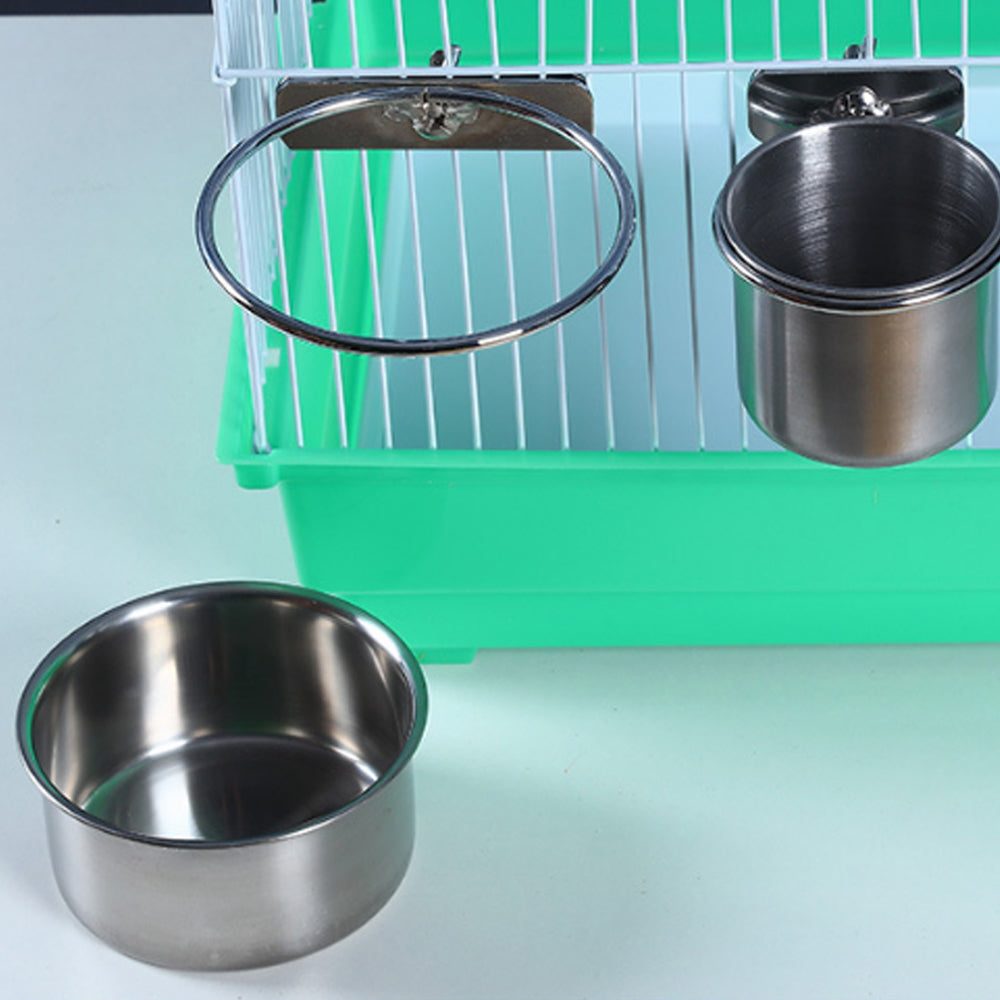 2Pcs Parrot Pet Stainless Steel Food Water Bowl Bird Feeder Crate Cage