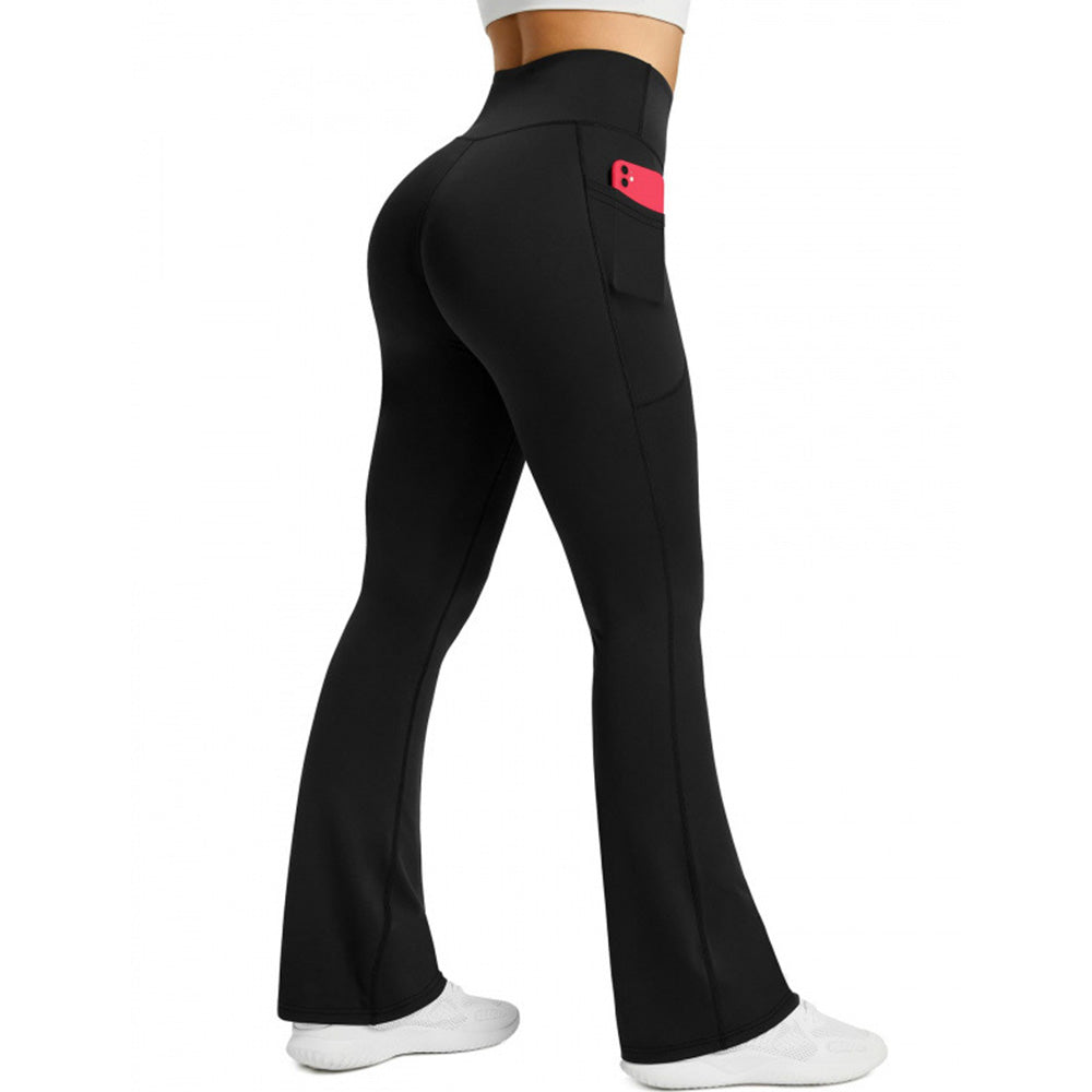 High Waist Flare Yoga Pants with Side Pockets for Workout Daily Wear-Black