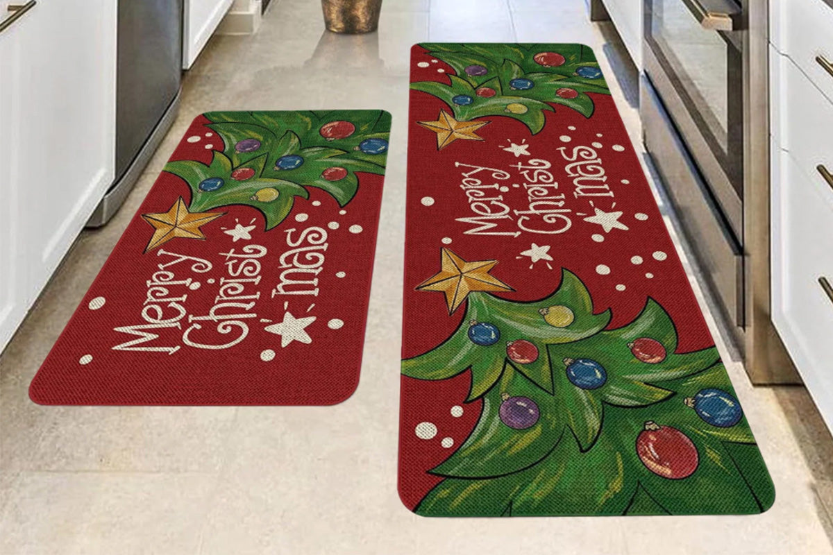 2PCS Christmas Floor Mats Set Non Slip Kitchen Rug for Bathroom Living Room Doorway