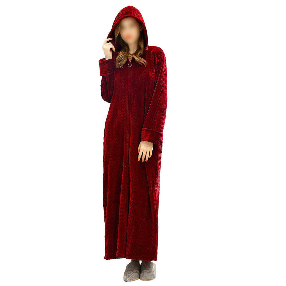 Unisex Long Hooded Zipper Bathrobe Fleece Robes Winter Warm Nightgown Sleepwear Pyjamas-Wine Red