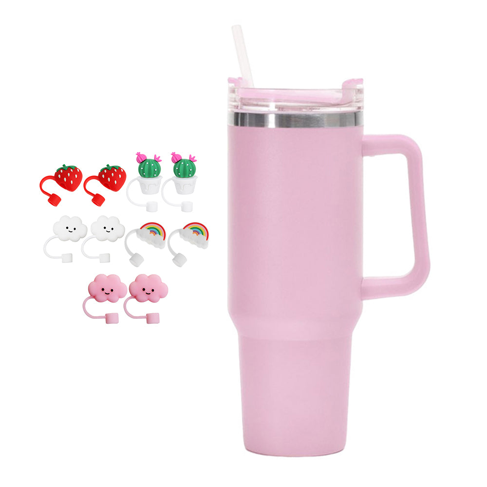 40oz Stainless Steel Water Tumbler with 10Pcs Cute Silicone Straw Caps For Stanley  Cup