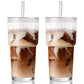 2Pcs Iced Coffee Cups with Lid Ribbed Glass Tumbler with Straw Leak Proof Reusable for To Go