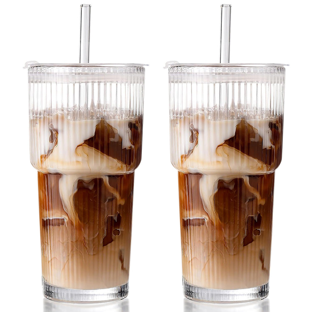 2Pcs Iced Coffee Cups with Lid Ribbed Glass Tumbler with Straw Leak Proof Reusable for To Go