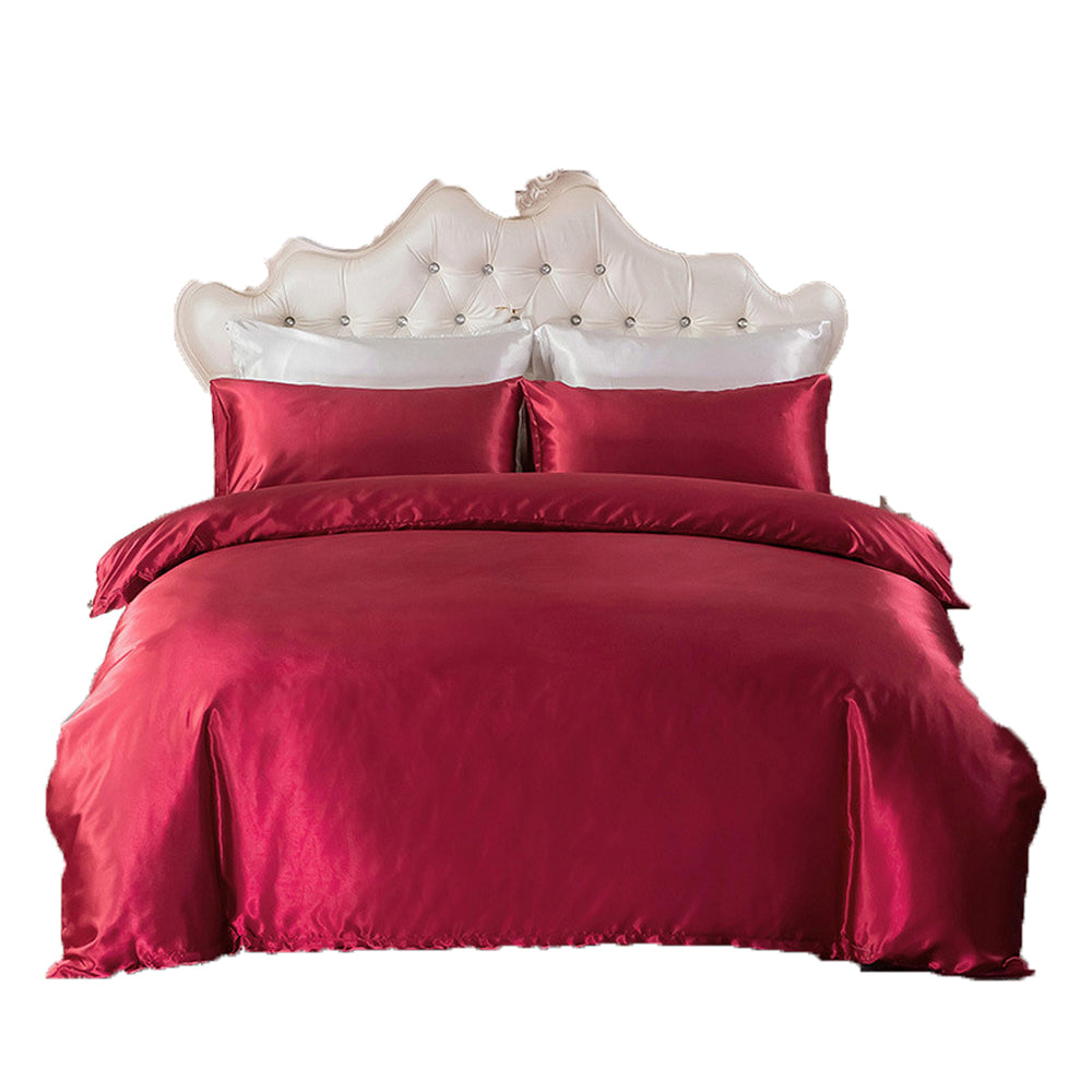 Single Double Queen Quilt Cover Silk Satin Bedding Set-Wine Red