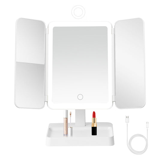 Tri-Fold Standing LED Makeup Mirror with 2X 3X Magnification