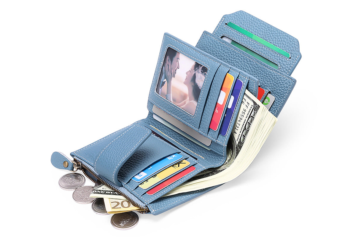 Genuine Leather Women's Wallet Short RFID Blocking Purse with Zipper