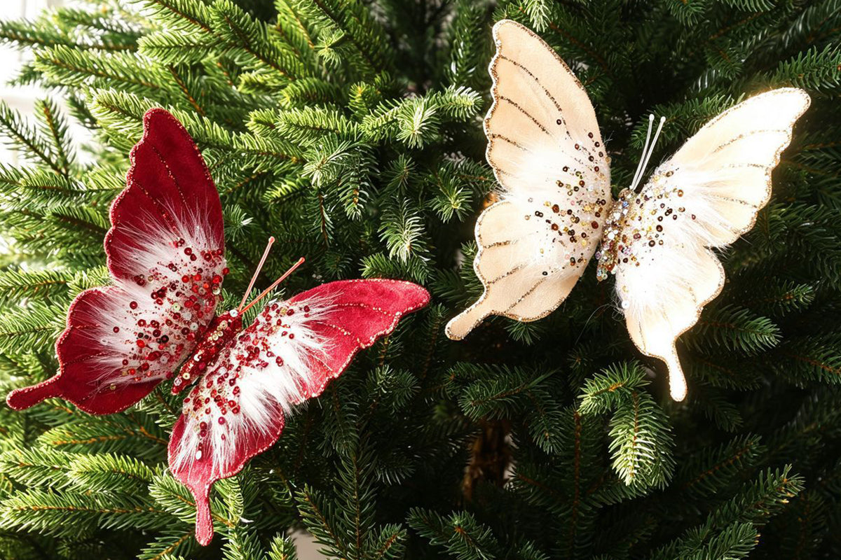8pcs 3D Fabric Butterfly Clip Ornaments Sequins Glitter Trim Butterfly Clips Decor for Christmas Tree
