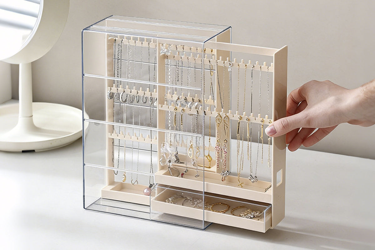 2-Tier Jewelry Organizer with Pull Out Drawer Earring Storage Box Display Case for Earrings Necklace Rings Studs
