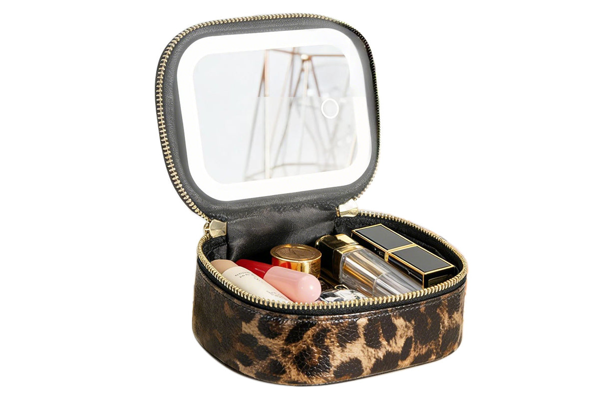 PU Leather Makeup Case Lighted Mirror LED Travel Cosmetic Organizer