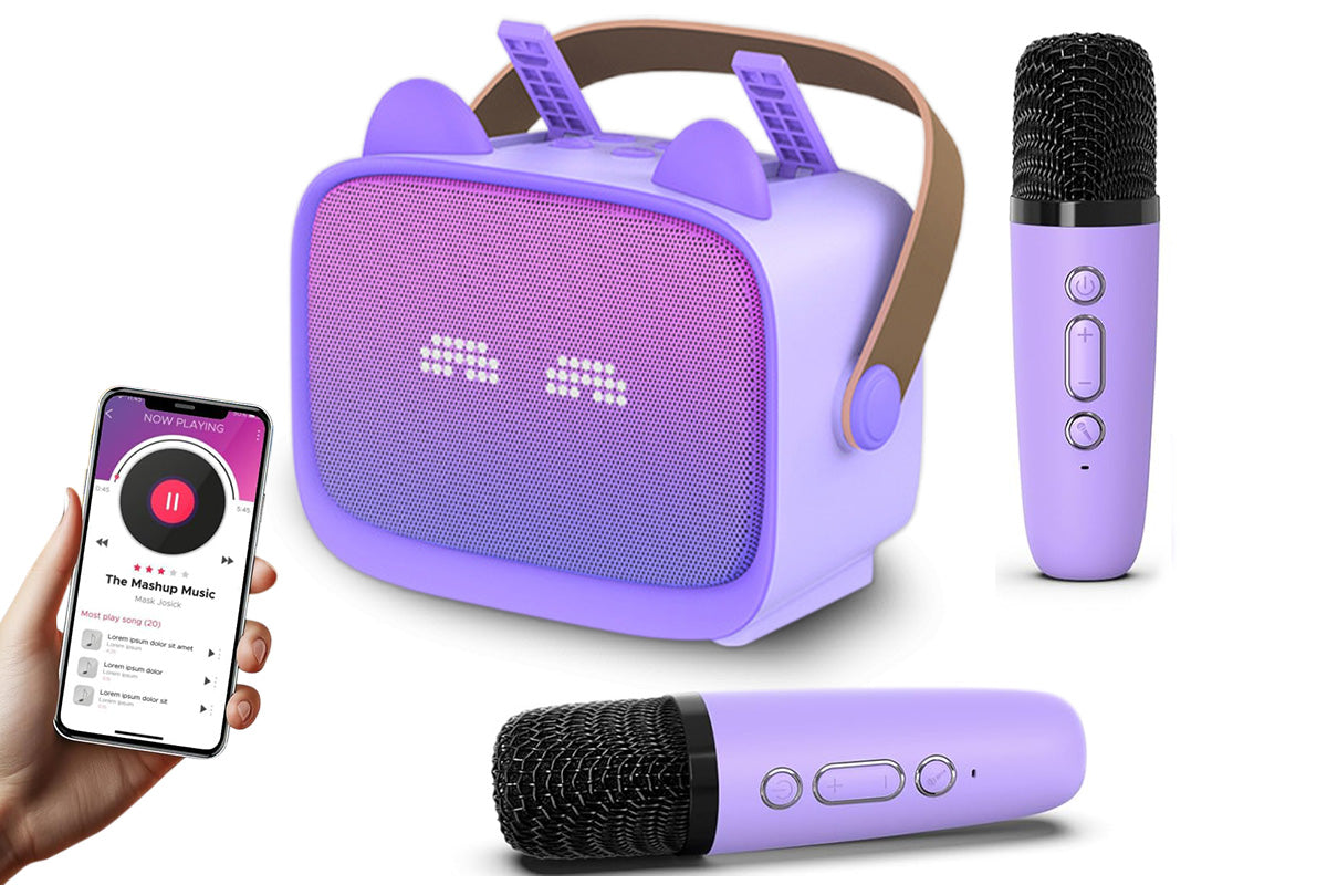 Mini Karaoke Machine Toys Gifts Portable MP3 Player with 2 Wireless Microphone