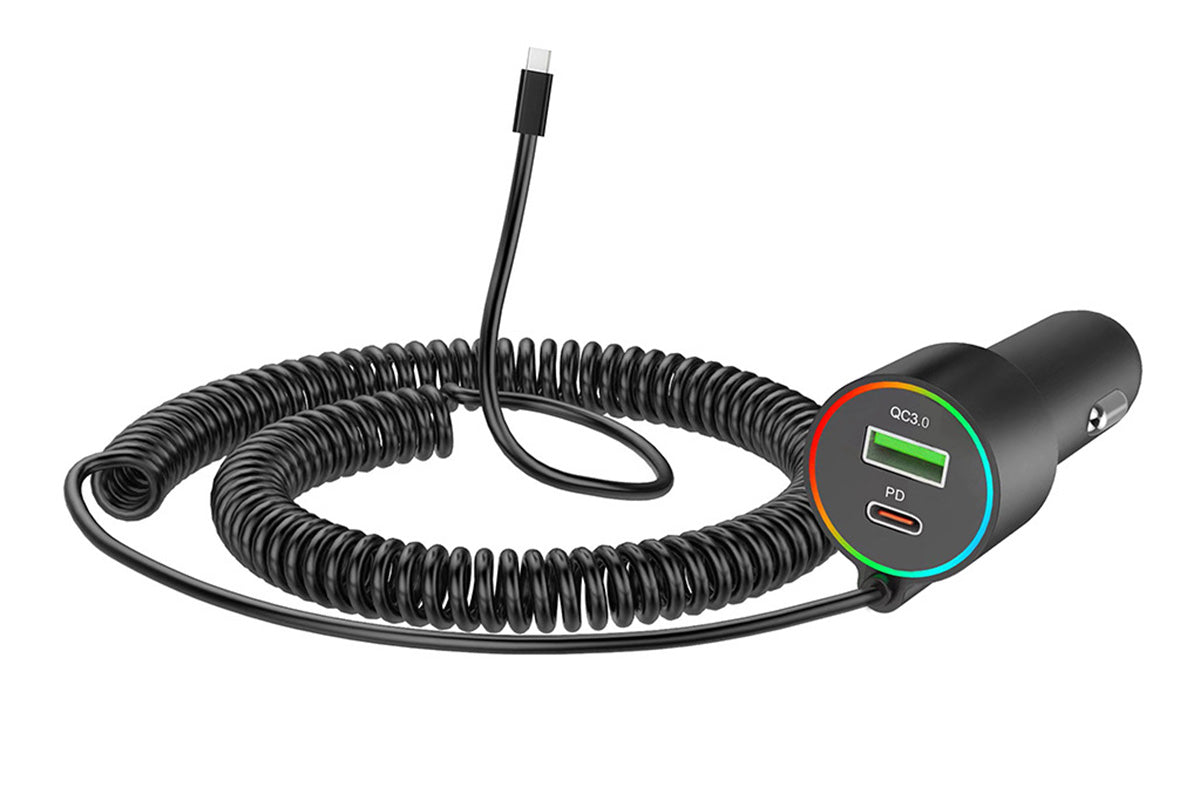 3 In 1 Car Charger With Retractable Coiled Cable USB And Type-C Fast Charging