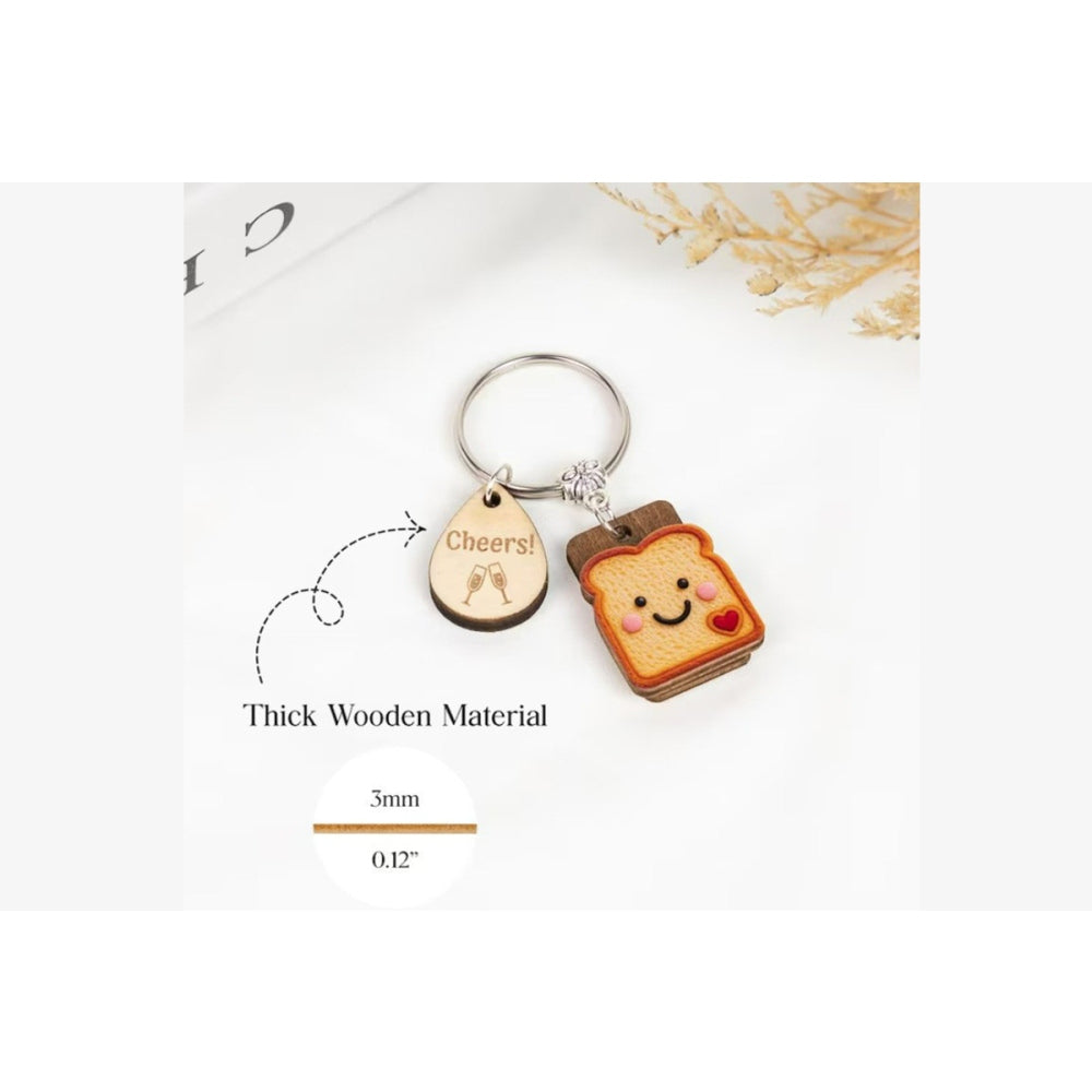 2Pcs Wood Bread Keychain Pendants with Greeting Cards
