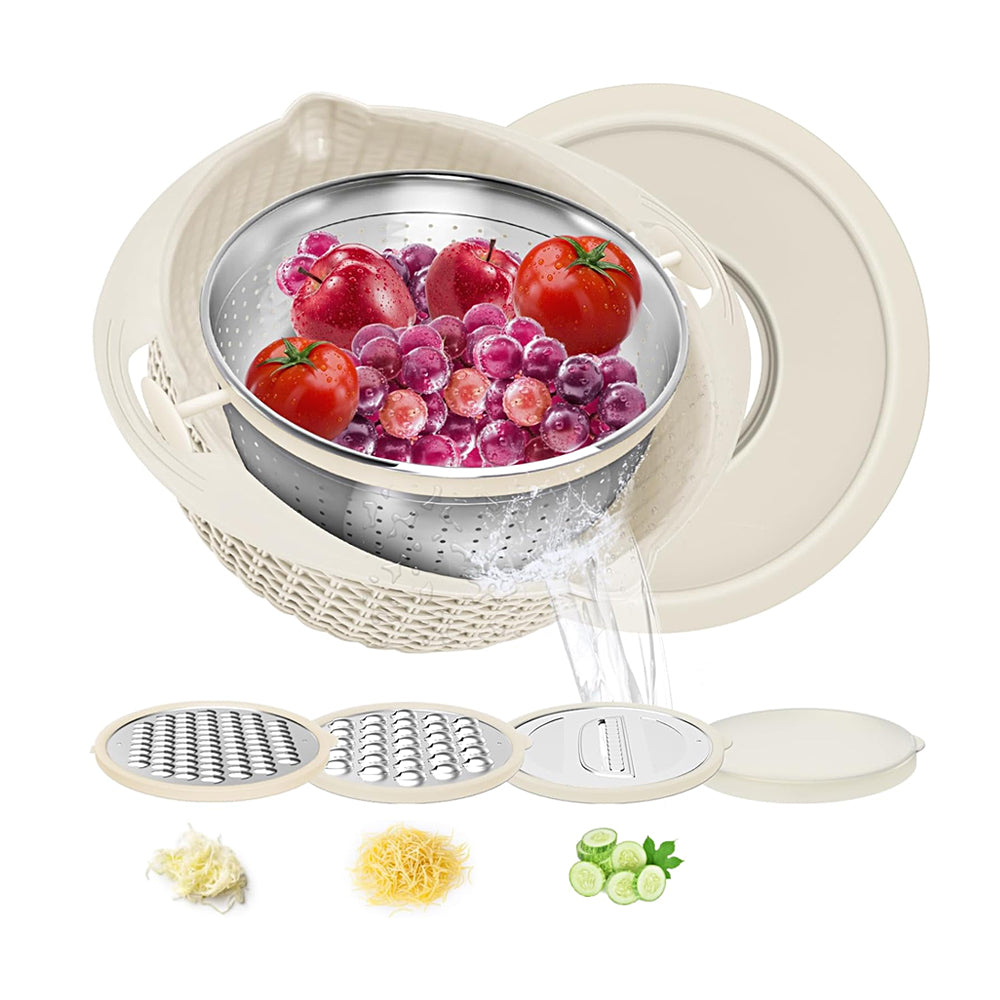 4 In 1 Double-layer Rotatable Colander Bowl Set with Lid and 3 Blades
