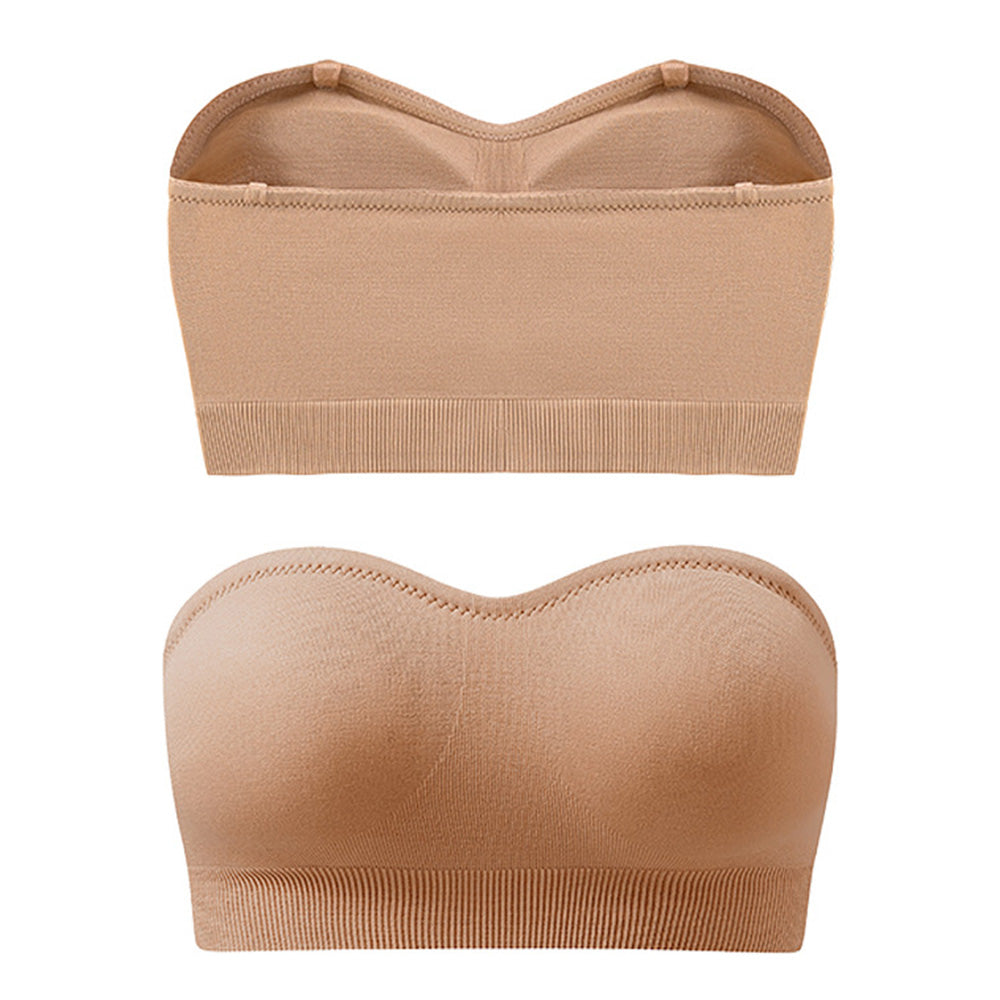 Women Strapless Wirefree Bandeau Bra with Removable Shoulder Straps-Beige
