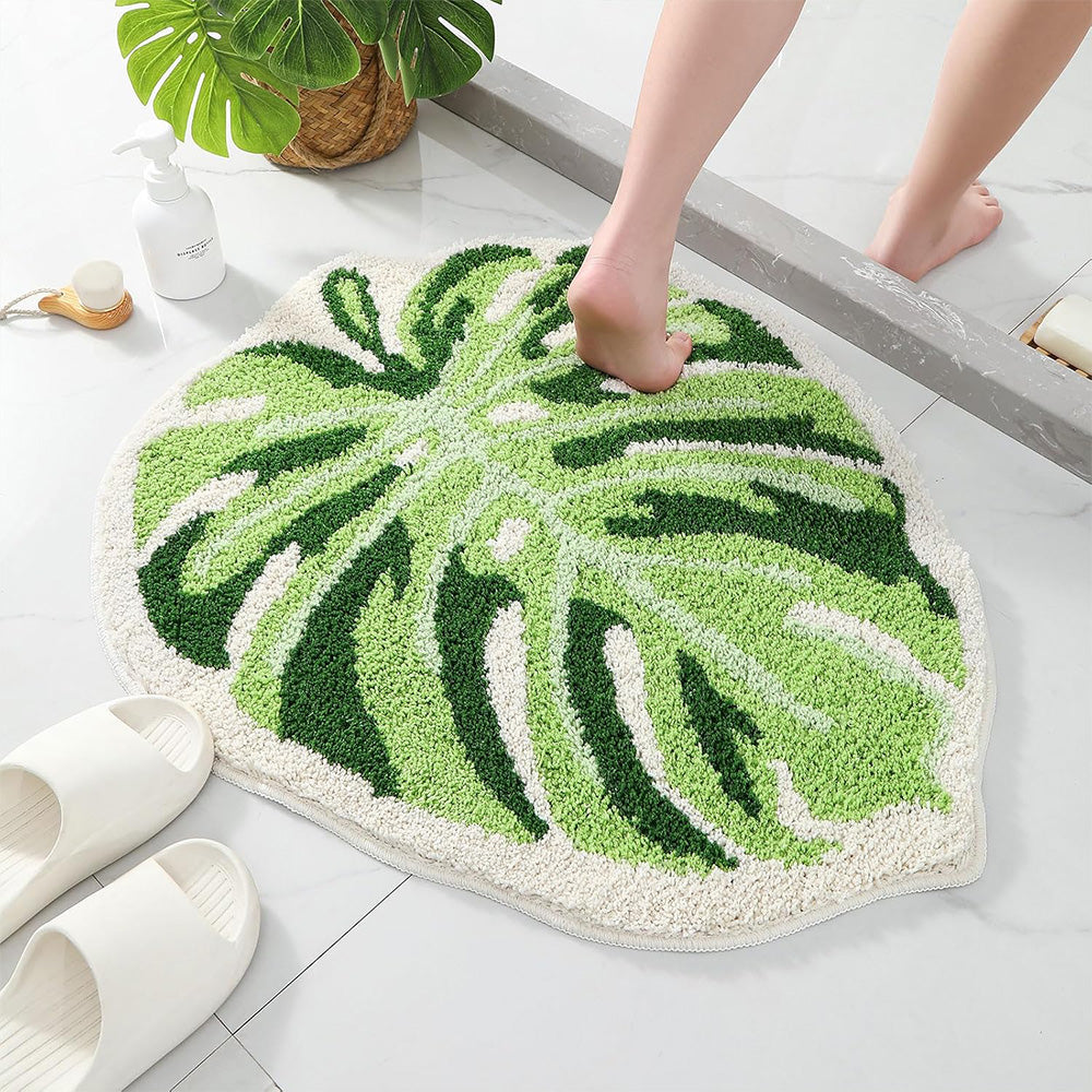 Faux Sherpa Bathroom Mat Monstera Leaf Design Non Slip Washable Rug for Bathroom Floor