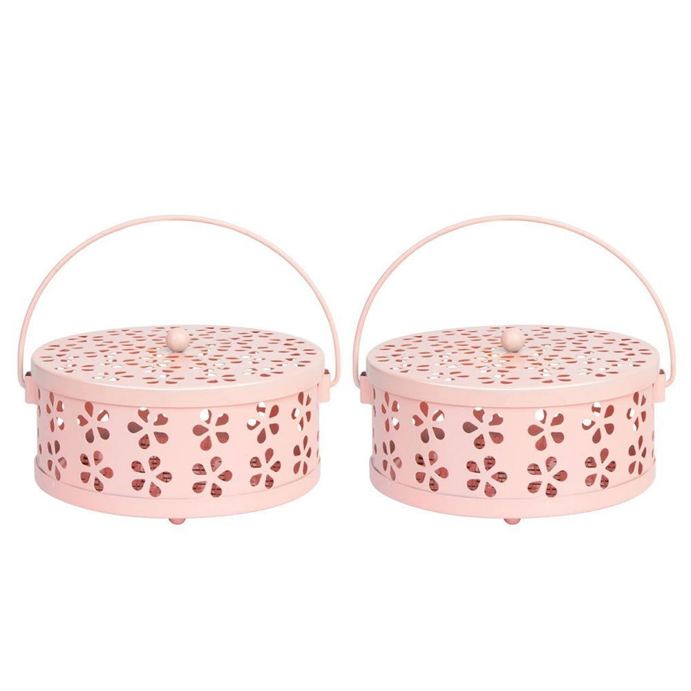 2X 14cm Metal Mosquito Coil and Incense Holder with Lid Floral Cutout Design