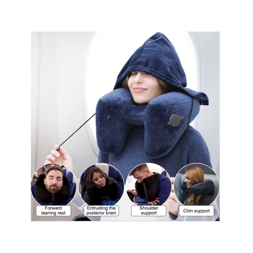 Inflatable Detachable Travel Neck Pillow with Hat