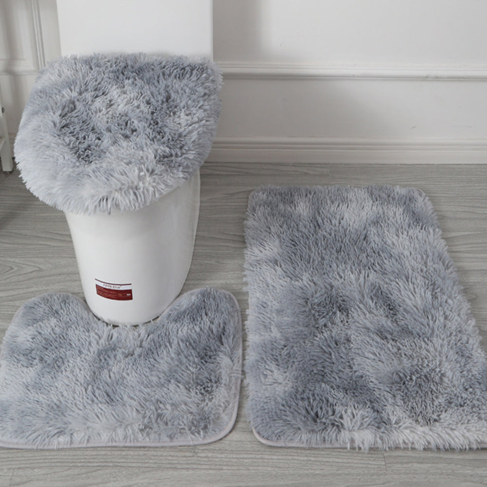 Washable 3pc Bathroom Mat Set Fluffy Toilet Cover Pedestal Rug Bath Mat