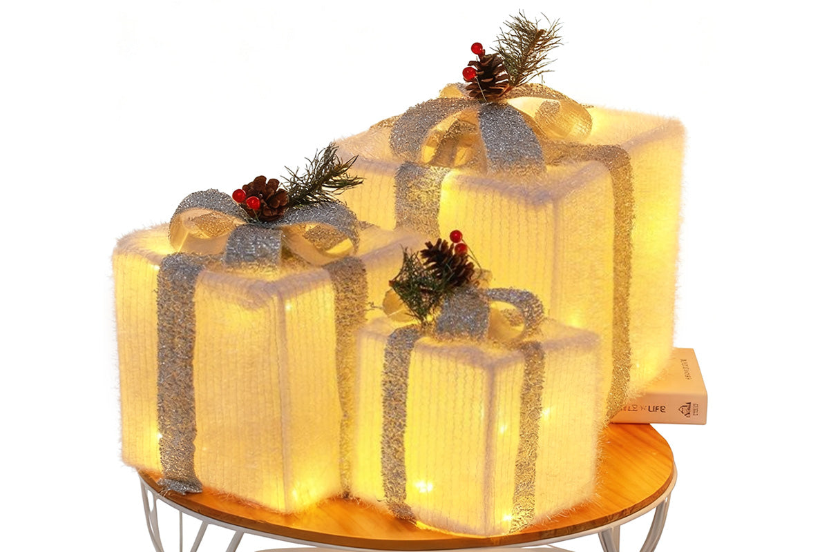 3PCS Christmas Lighted Gift Boxes With 8 Modes For Holiday Indoor Outdoor Decorations