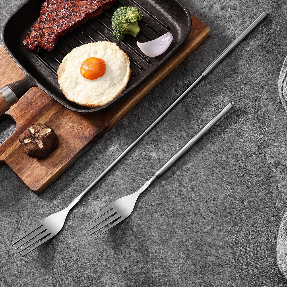 2Pcs Stainless Steel Telescopic Extendable Dinner Fruit Dessert Long Cutlery Forks