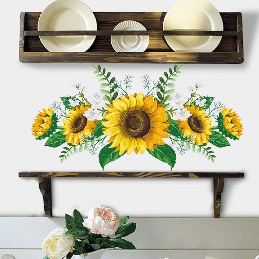 Artificial Sunflower Wall Stickers with Green Leaves Wreath Wall Decals