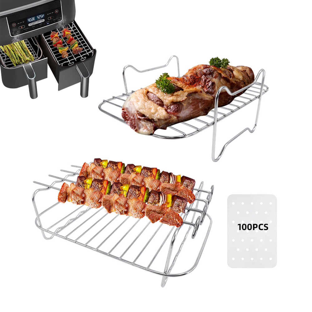 Stainless Steel Dual Basket Grill Sticks Air Fryer Accessories with 100pcs Air Fryer Liners for Ninja DZ201 DZ401