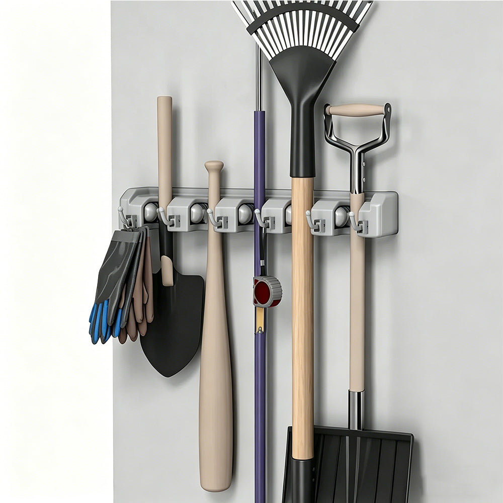 Wall Mount Mop Broom Holder Hanging Broom Organizer 6 Hooks and 5 Wide Grips
