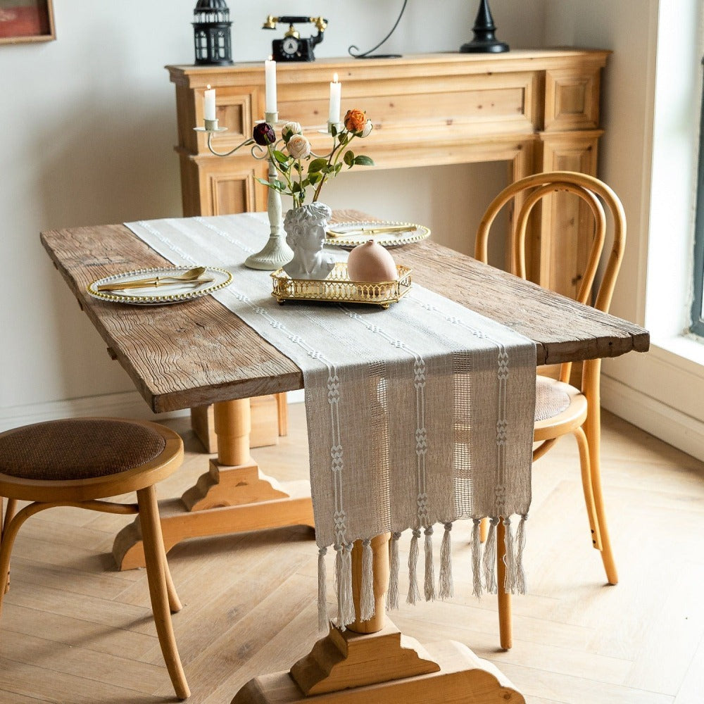 Vintage Farmhouse Woven Table Runner with Tassel for Dining Room Kitchen Reading Dresser