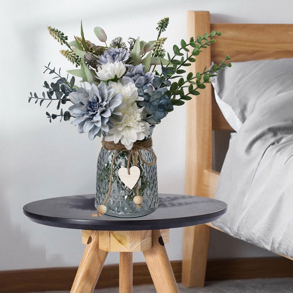 Silk Artificial Flowers with Glass Vase Set for Home Decoration