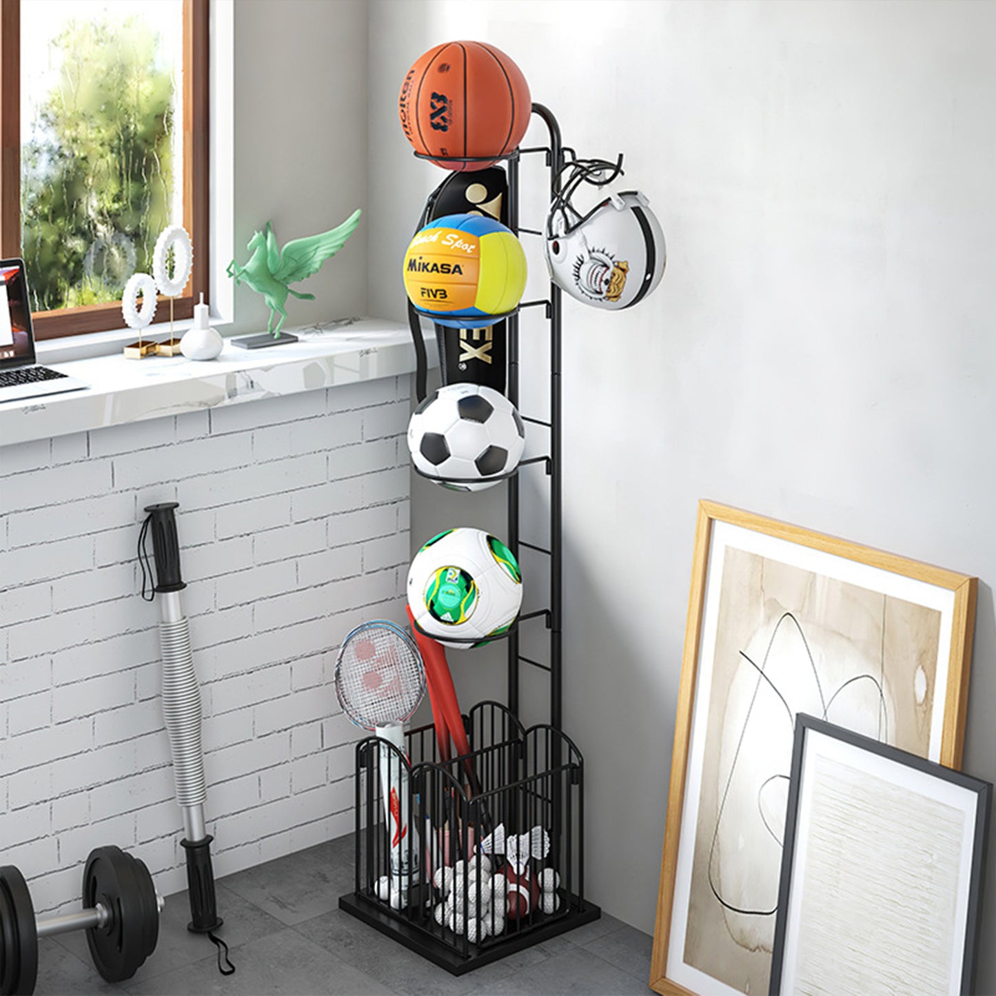 4 Tier Sports Equipment Ball Storage Rack with Basket and Hooks