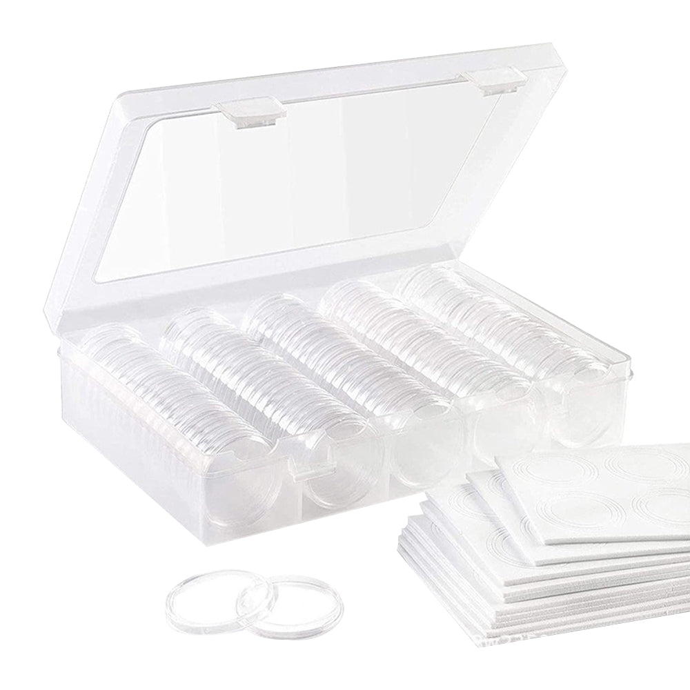 100Pcs Plastic Coin Capsules with Storage Box and Foam Gasket
