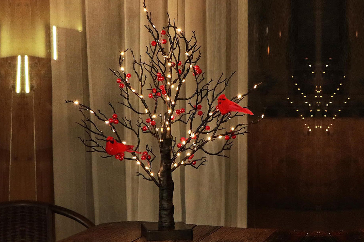 LED Vintage Christmas Tree with Red Cardinals and Warm White Glow