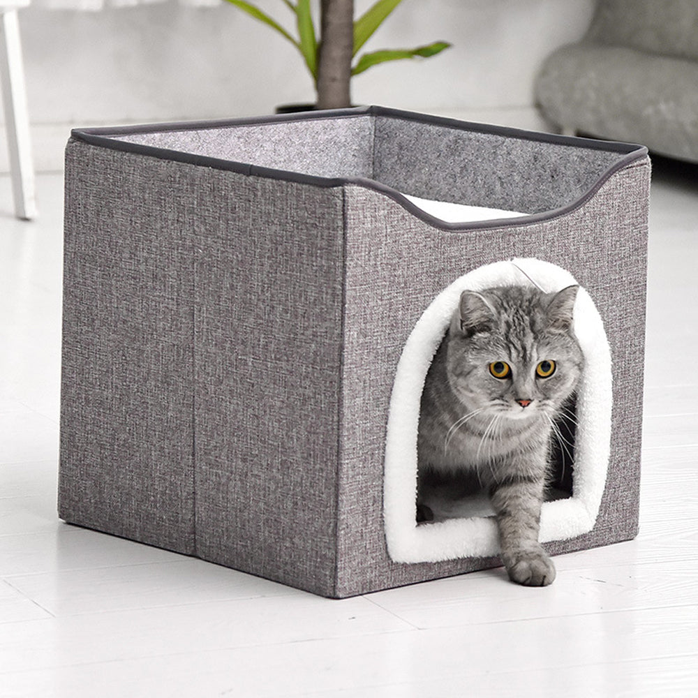 Foldable Cat Condo 2 Layer Cat Cube Box Kitten Cave with 2 Cosy Cushion