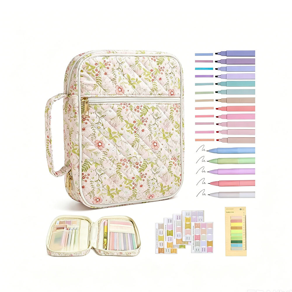 Quilted Book Cover Bag with Pen Loops Ribbon Bookmark Zipper