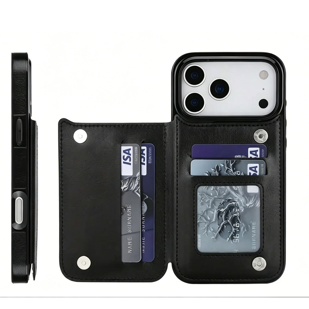 Leather Wallet Case for iPhone 17 Series Double Secure Flip Closure Full Body Drop Defense-Black
