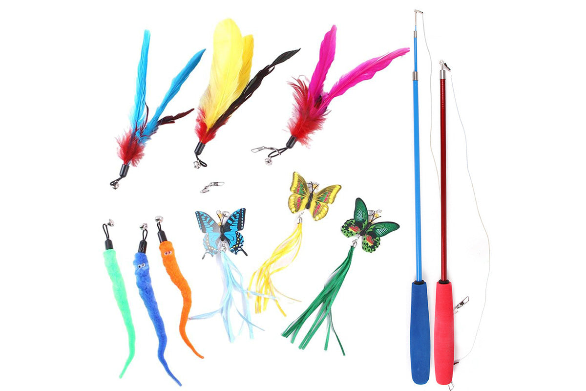 Interactive Cat Toy Set Telescopic Cat Wand with Feather Replacement Pack for Indoor Cat Play