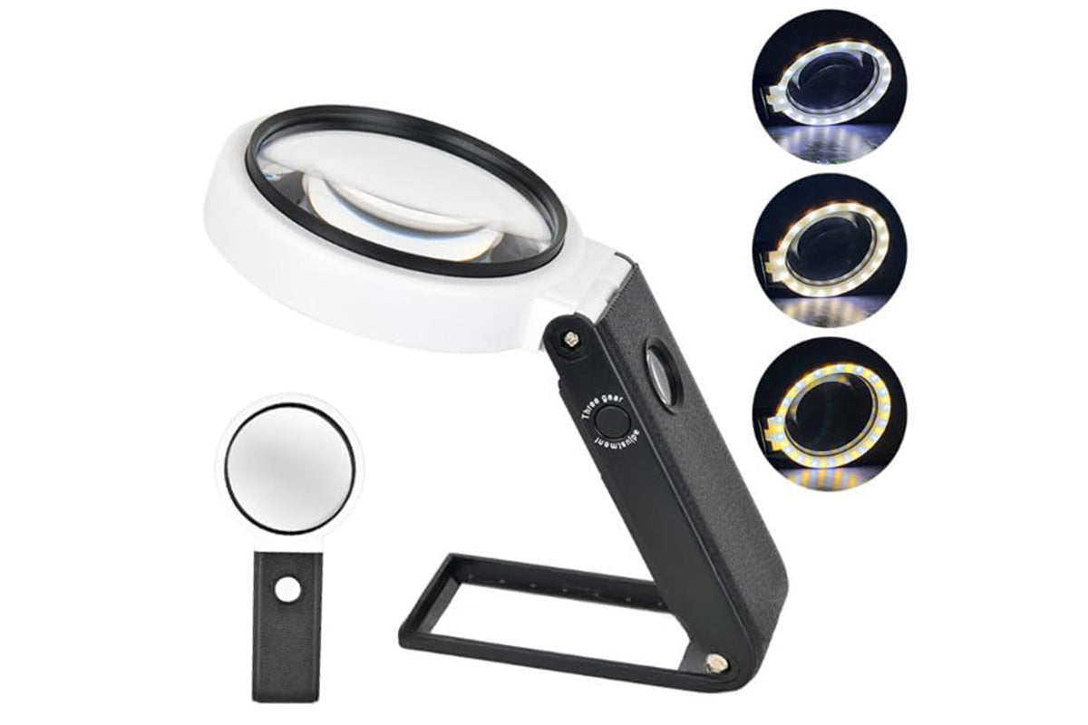10X 25X Illuminated Folding Magnifier with Cool Warm Light Hands-Free Reading Inspection Tool