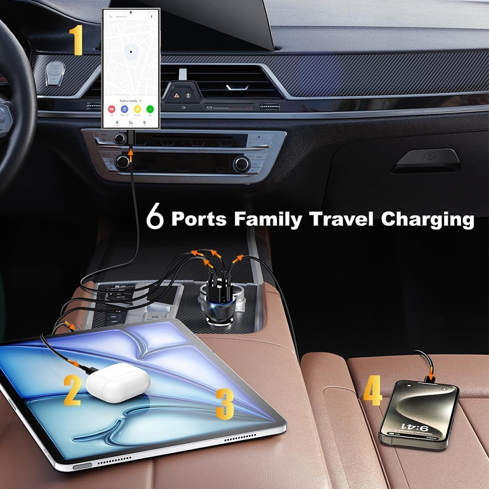 6 in 1 Car Charger Cigarette Lighter Adapter Multiport Fast Charging with 4 USB-C and 2 USB Ports