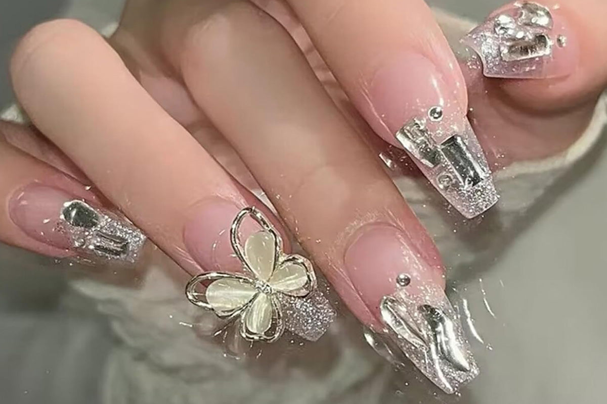 22-Piece Reusable Press-On Nail Set with Floral Design for Easy Manicure