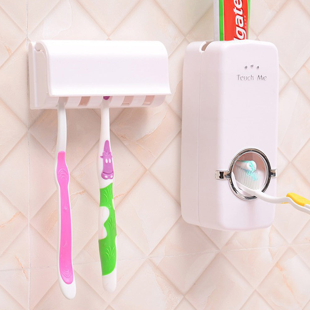 Toothpaste Dispenser and 5 Toothbrush Holder Set Wall Mount Stand