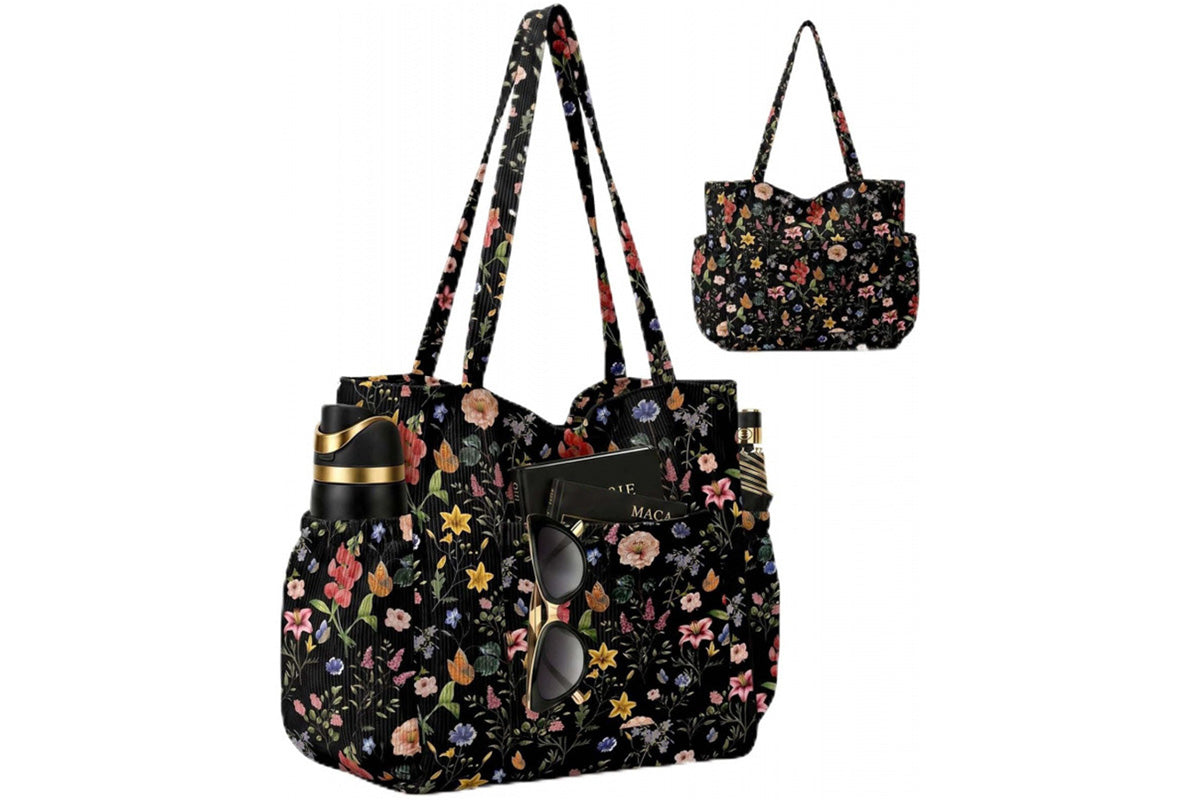 Corduroy Tote Bag with Side Water Bottle Pockets Large Shoulder Bag Casual Handbag