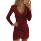 Women's Sexy Sparkly Glitter Long Sleeve V Neck Midi Dress Ruched Cocktail Dress
