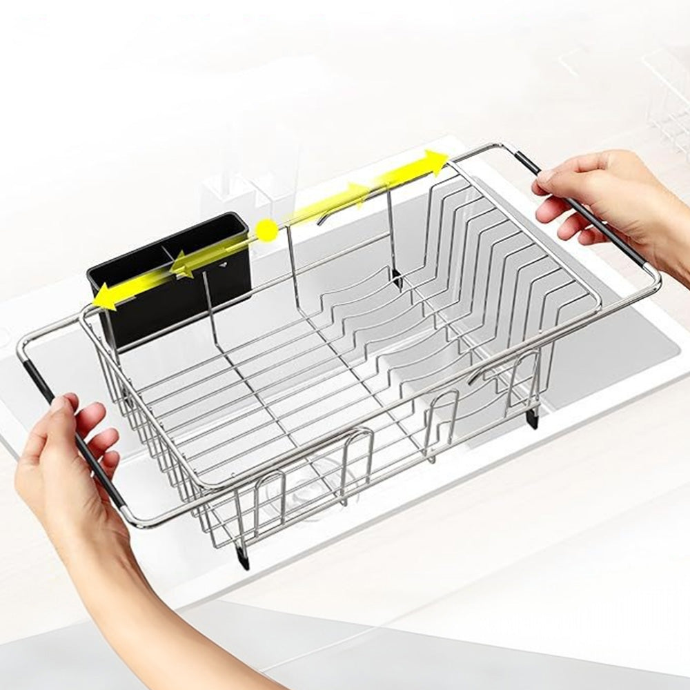 Expandable Stainless Steel Over Sink Dish Drying Rack with Utensil Holder